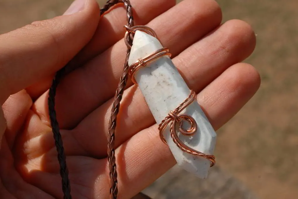 Polished White Smithsonite Spade Shaped Crystals Set In Copper Art Wire Wrap Pendant - sold per piece From Congo