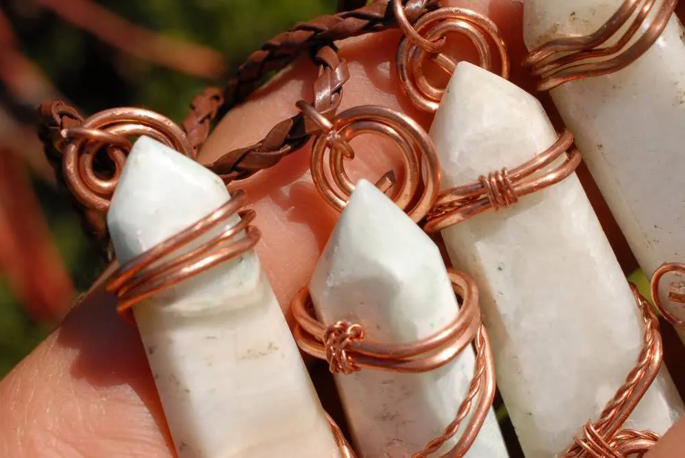 Polished White Smithsonite Spade Shaped Crystals Set In Copper Art Wire Wrap Pendant - sold per piece From Congo