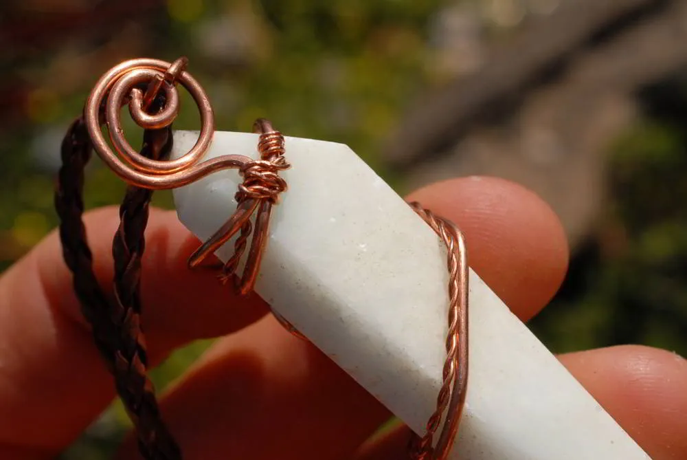 Polished White Smithsonite Spade Shaped Crystals Set In Copper Art Wire Wrap Pendant - sold per piece From Congo