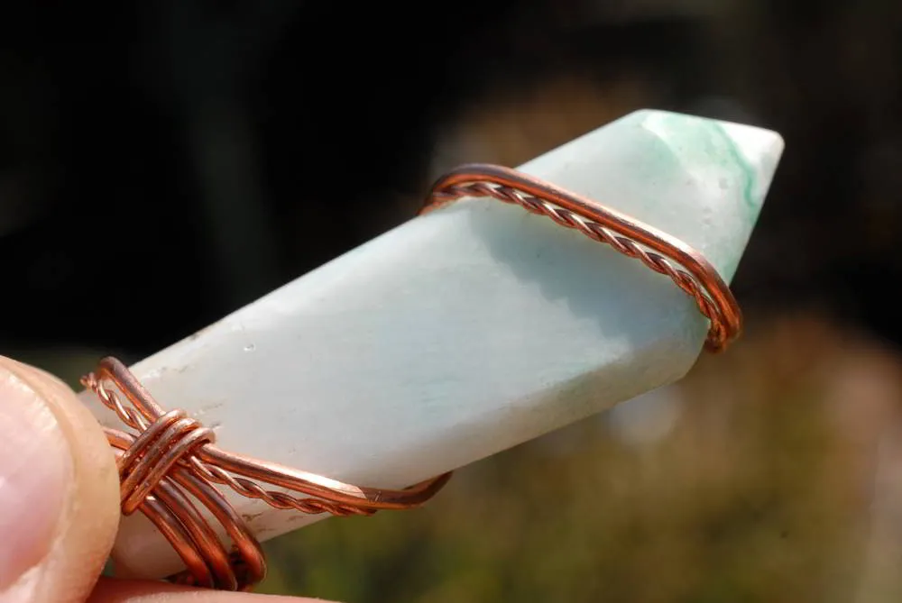 Polished White Smithsonite Spade Shaped Crystals Set In Copper Art Wire Wrap Pendant - sold per piece From Congo