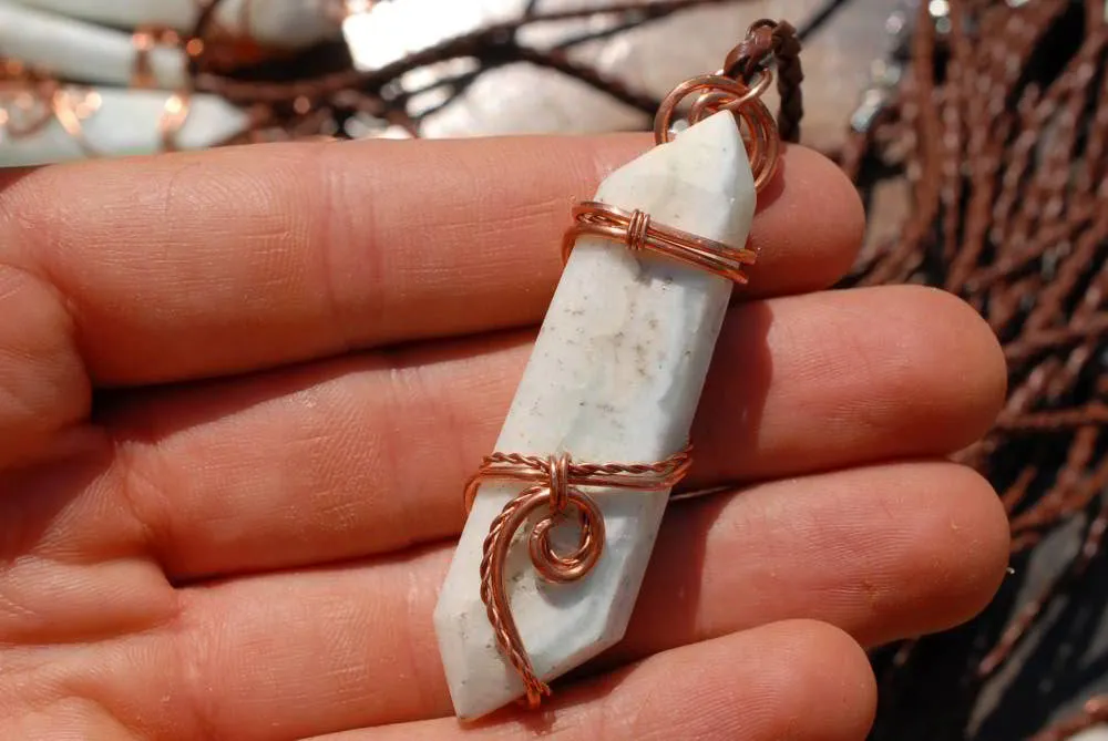 Polished White Smithsonite Spade Shaped Crystals Set In Copper Art Wire Wrap Pendant - sold per piece From Congo