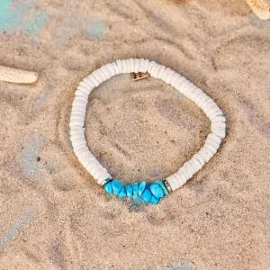 Pura Vida Bracelets Puka Shell and Turquoise Chip Stretch Bracelet - WHITE