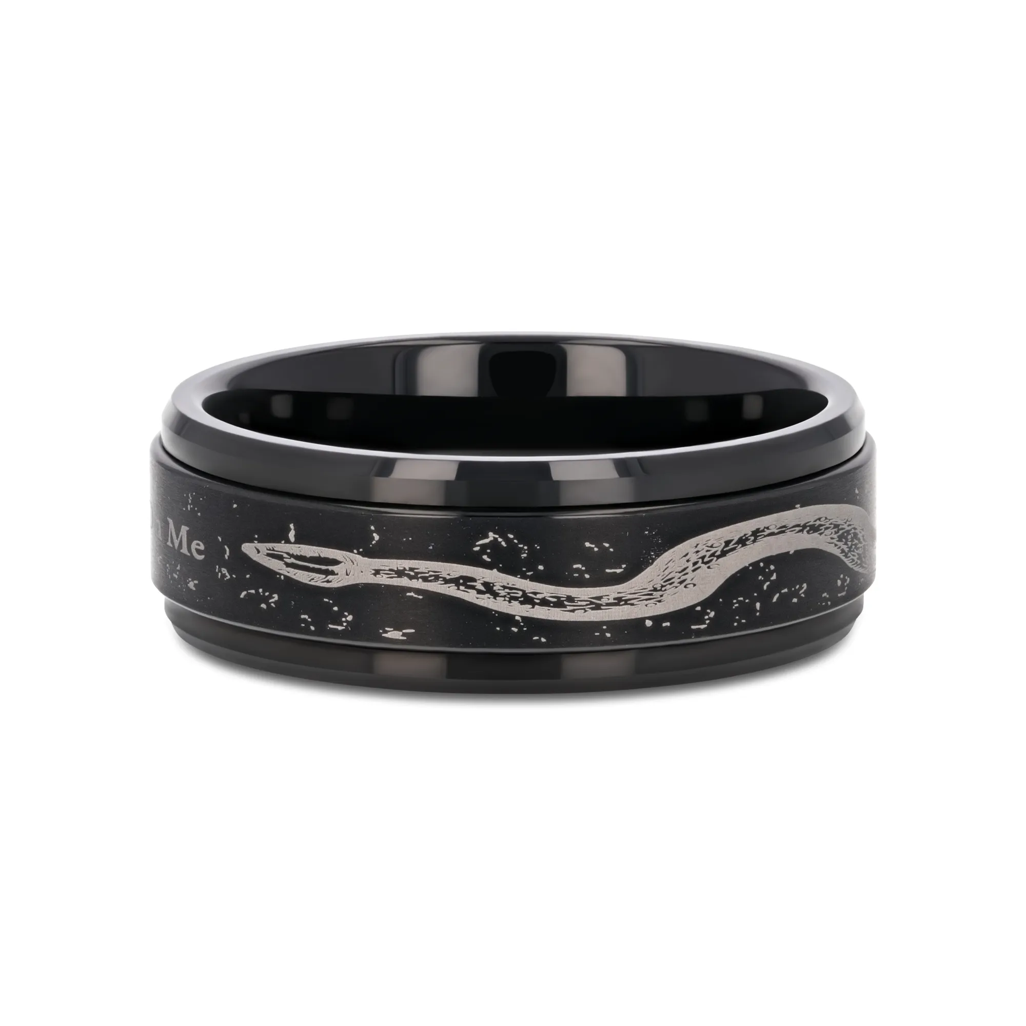 "Don't Tread on Me" Engraved Black Tungsten Spinner Ring with Snake Design