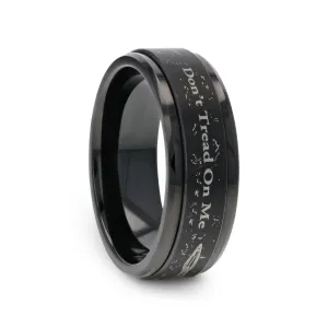 "Don't Tread on Me" Engraved Black Tungsten Spinner Ring with Snake Design