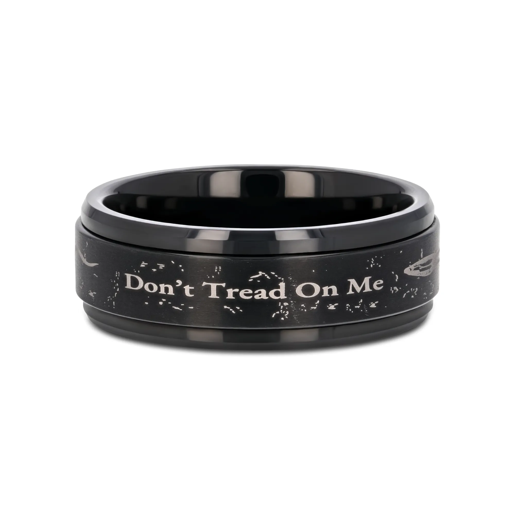 "Don't Tread on Me" Engraved Black Tungsten Spinner Ring with Snake Design