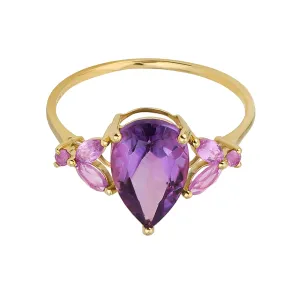 Real 14K Gold Pink Tourmaline Amethyst Topaz Teardrop Emerald Cut Cocktail Ring