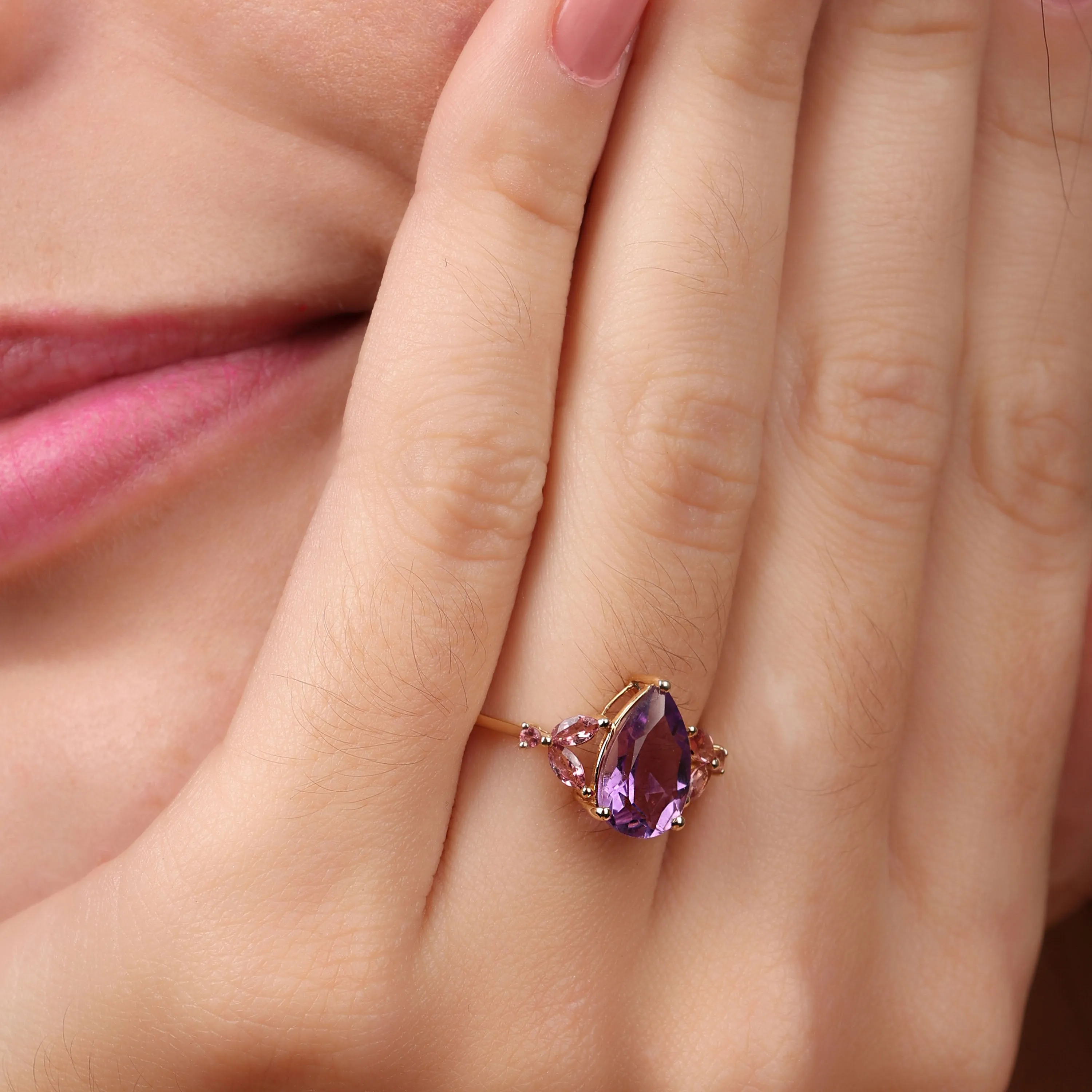 Real 14K Gold Pink Tourmaline Amethyst Topaz Teardrop Emerald Cut Cocktail Ring