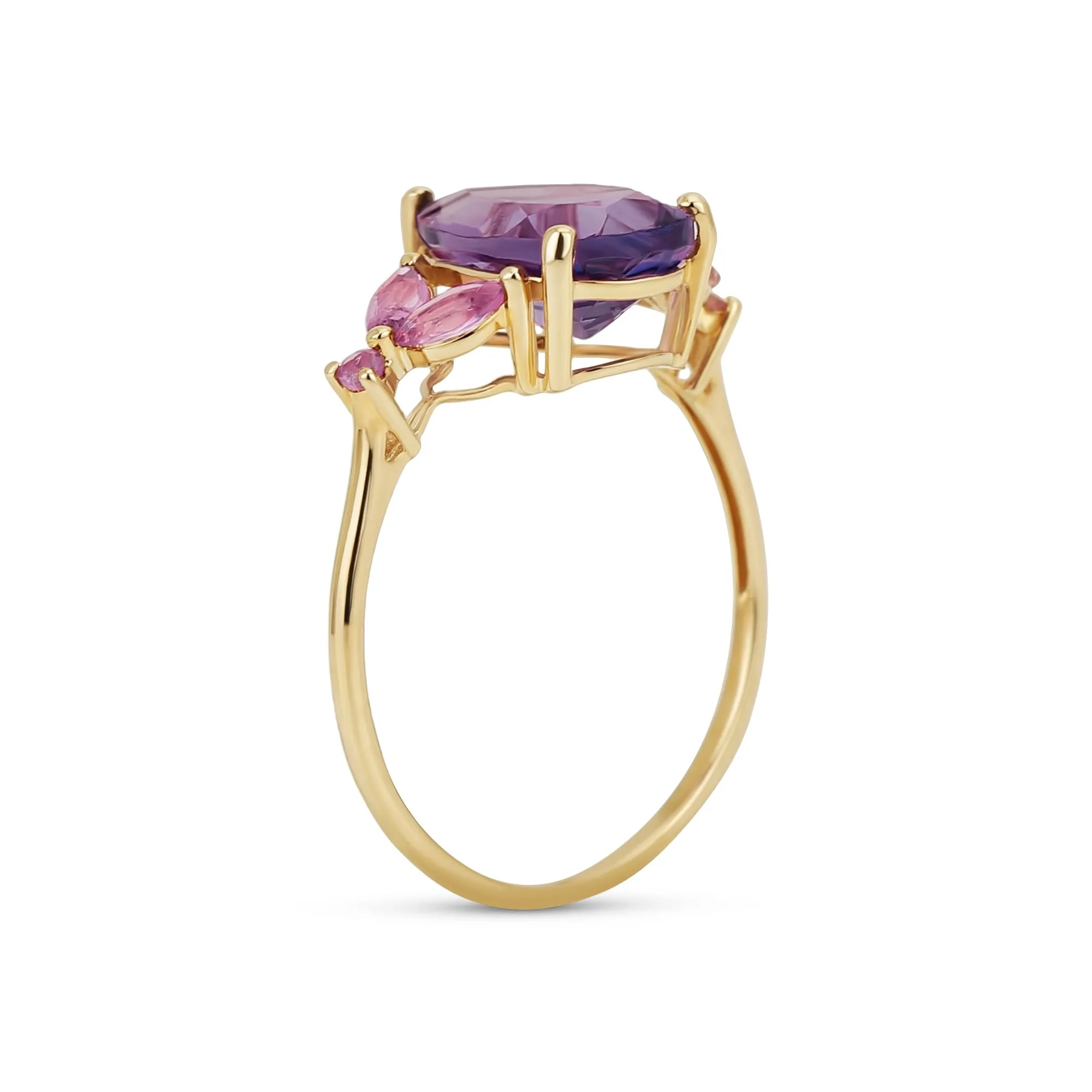 Real 14K Gold Pink Tourmaline Amethyst Topaz Teardrop Emerald Cut Cocktail Ring