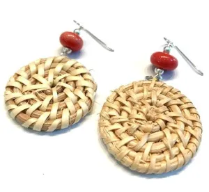 Red Coral Beaded Woven Wicker Earrings