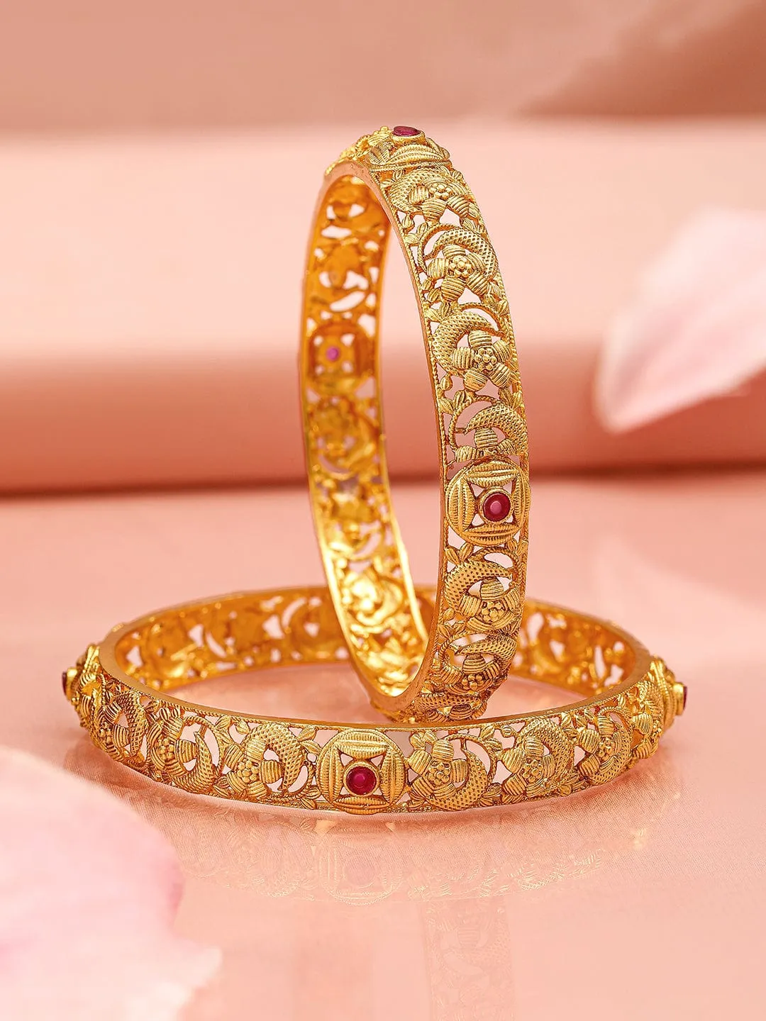 Rubans 22K Gold-Plated Floral Filigree Bangles with Ruby Accents