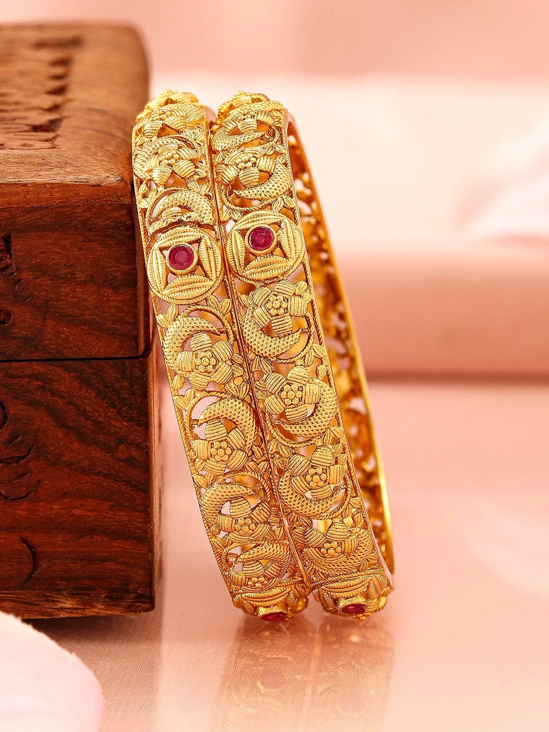 Rubans 22K Gold-Plated Floral Filigree Bangles with Ruby Accents