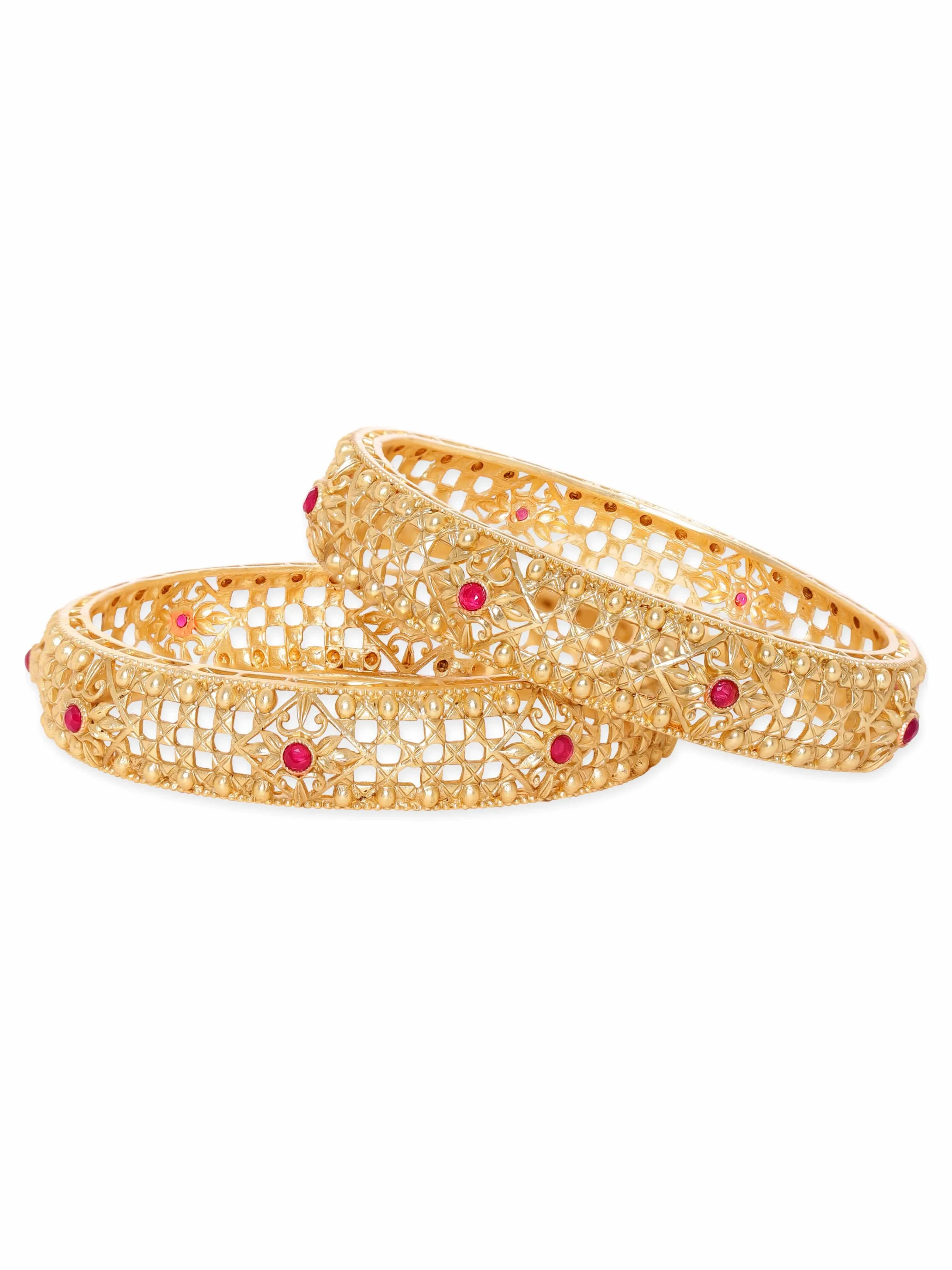 Rubans Set of 2, 22K Gold plated Kemp stone studded Filigree detail statement bangles  "