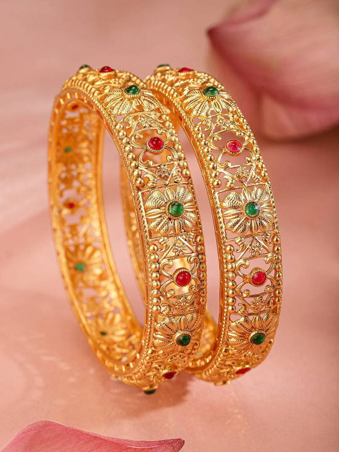 Rubans Set Of 2 22k Gold-Plated Stone-Studded Bangles