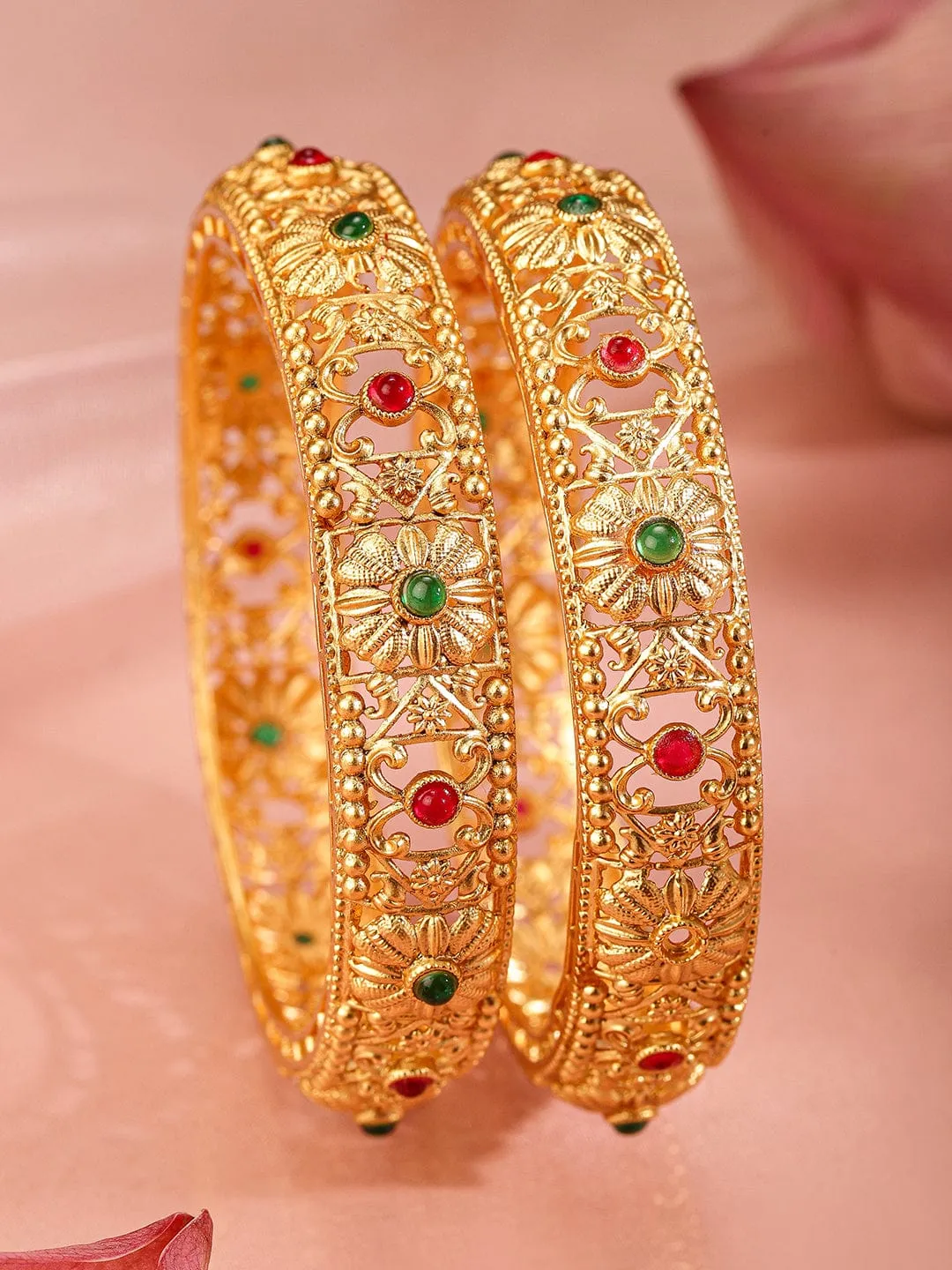 Rubans Set Of 2 22k Gold-Plated Stone-Studded Bangles