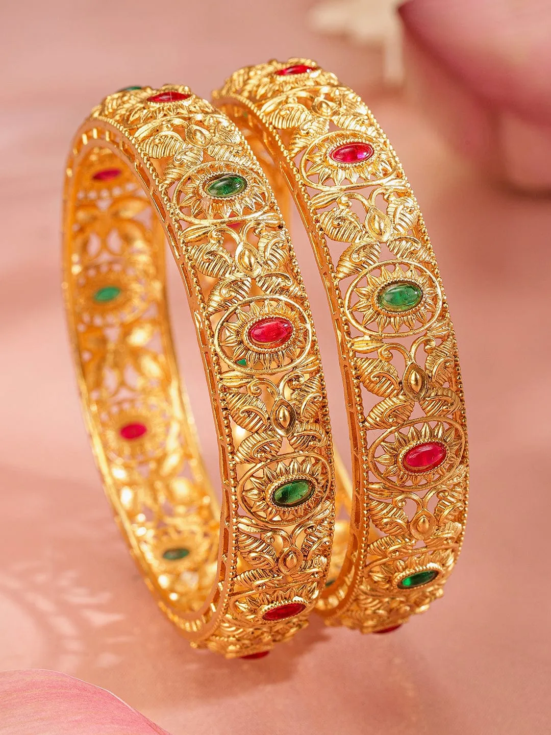 Rubans Set Of 2 Gold-Plated Stone-Studded & Beaded Bangles