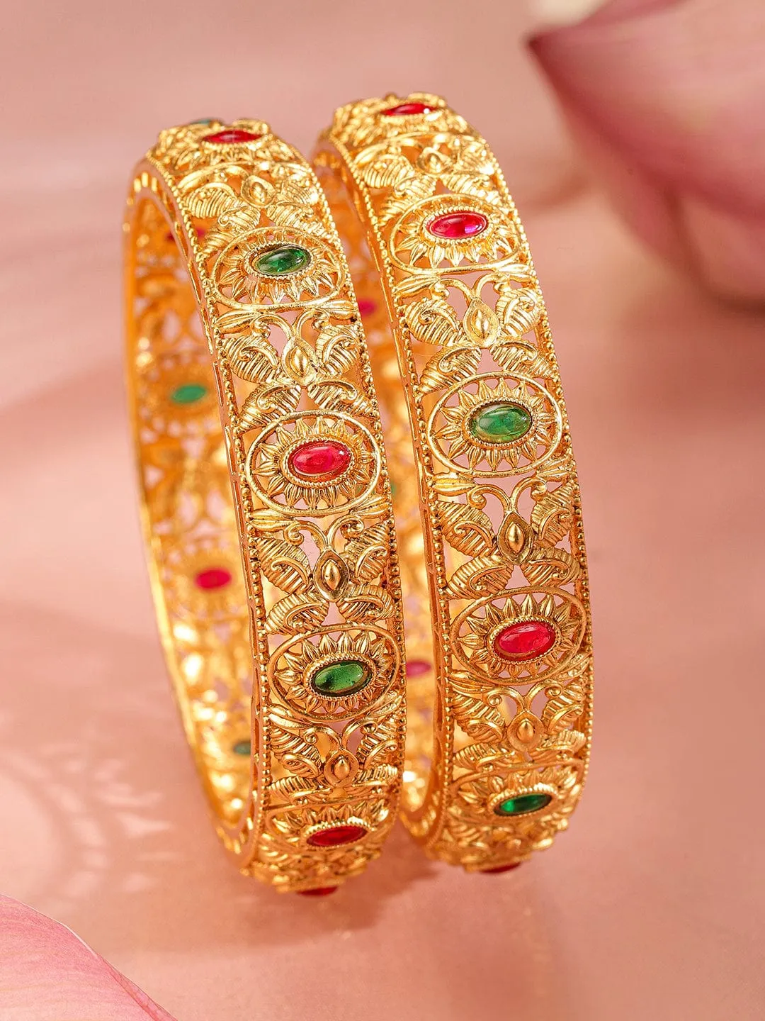 Rubans Set Of 2 Gold-Plated Stone-Studded & Beaded Bangles