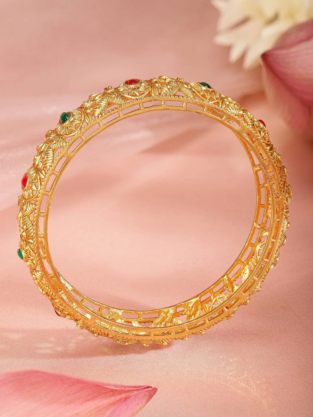 Rubans Set Of 2 Gold-Plated Stone-Studded & Beaded Bangles