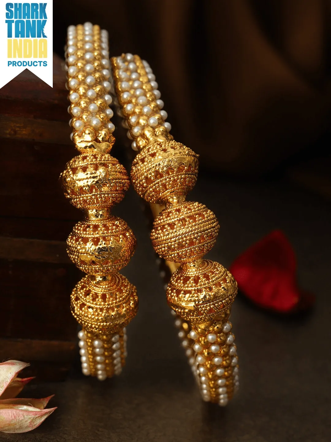 Rubans Set Of 2 Gold-Plated  White Pearls-Studded Handcrafted Bangles