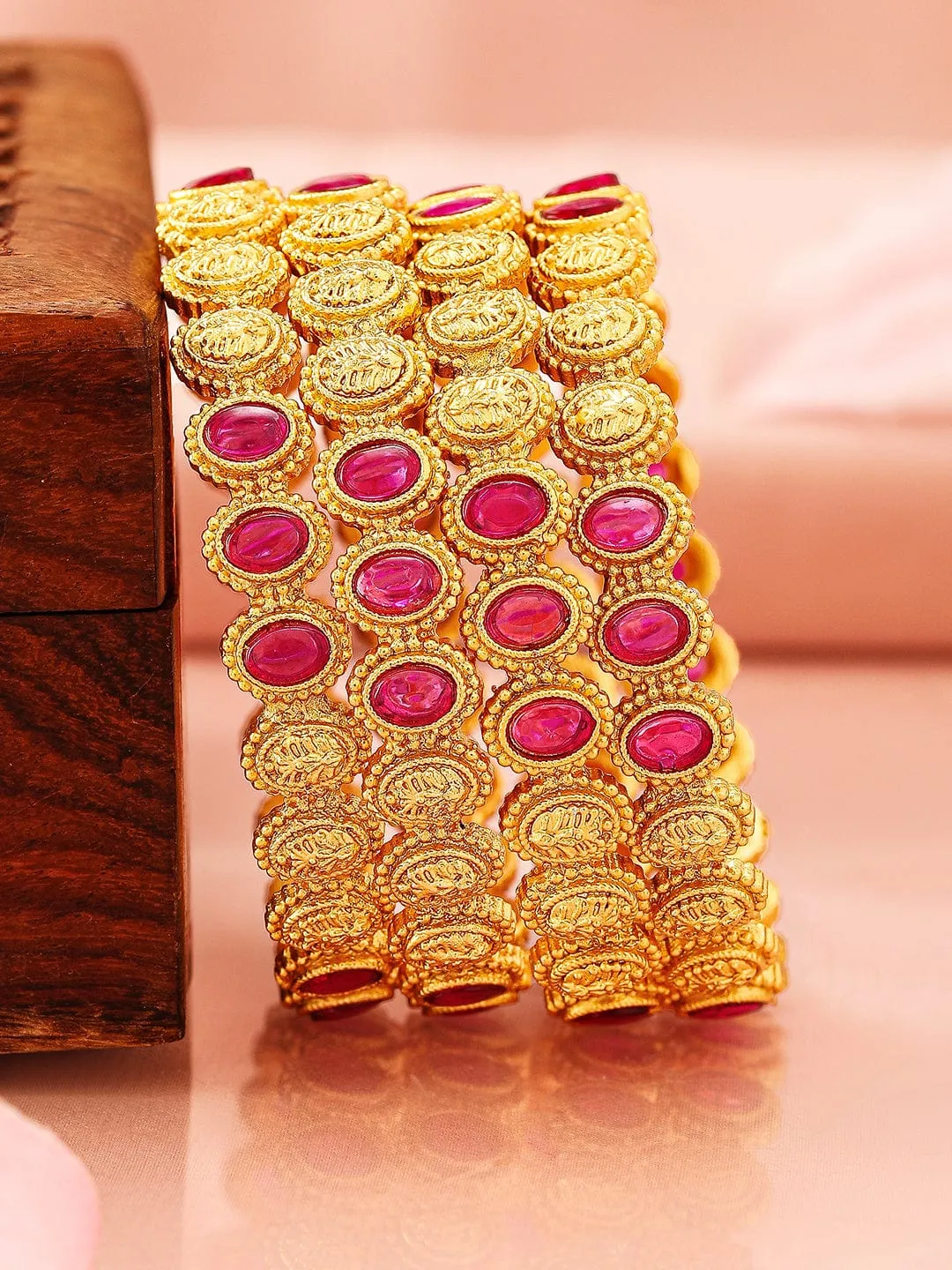 Rubans Set of 4, 22K Gold-Plated Ruby Pink Stone & Filigree Design Traditional Bangles