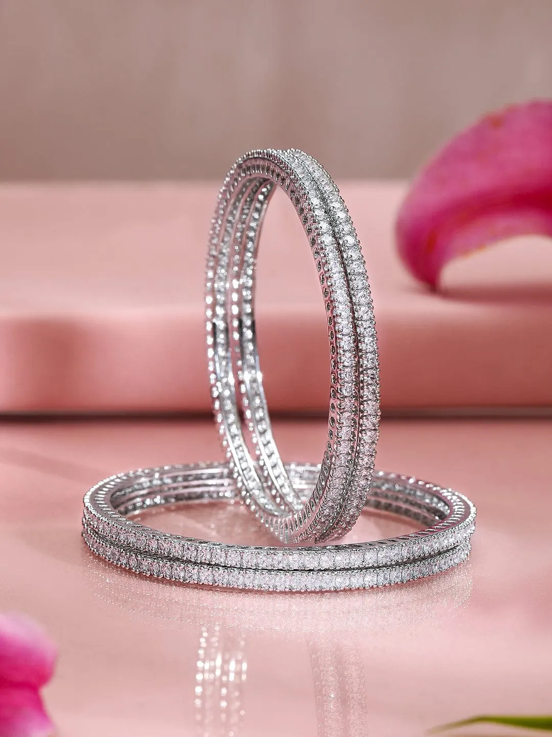 Rubans Set Of 4 Rhodium Plated CZ Studded Bangles