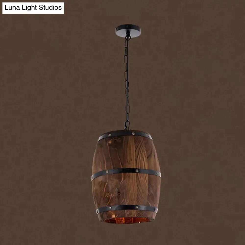 Rustic Barrel Pendant Lamp - 10"/12" Wide Wood Hanging Light in Brown