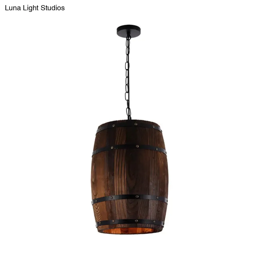 Rustic Barrel Pendant Lamp - 10"/12" Wide Wood Hanging Light in Brown