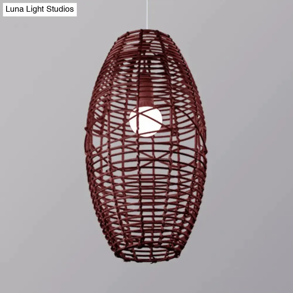 Rustic Beige/Brown Ellipse Rattan Pendant Lamp - Ideal for Restaurant and Cafe Ambience