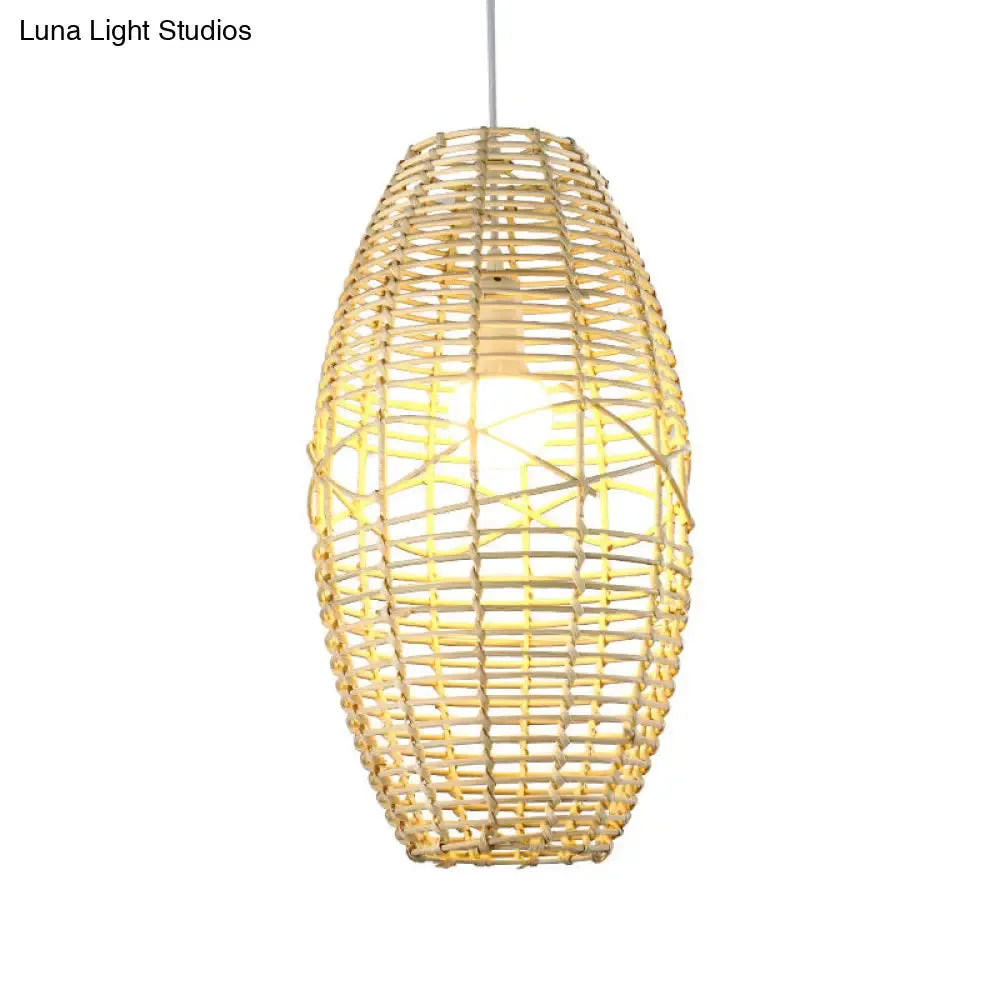 Rustic Beige/Brown Ellipse Rattan Pendant Lamp - Ideal for Restaurant and Cafe Ambience