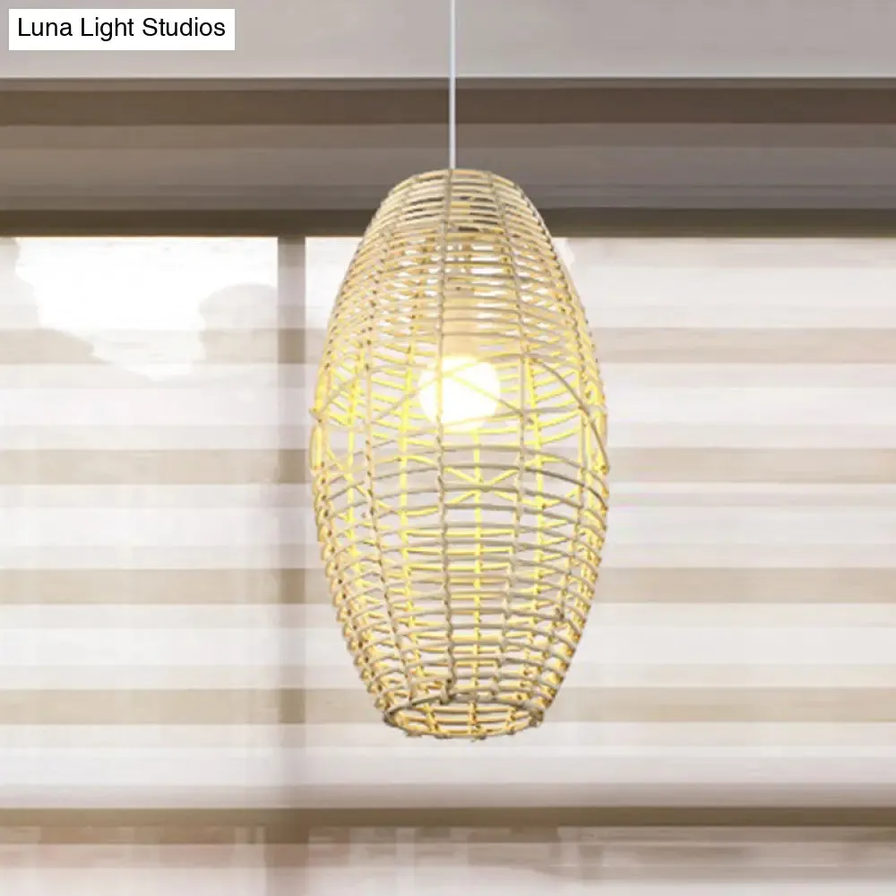 Rustic Beige/Brown Ellipse Rattan Pendant Lamp - Ideal for Restaurant and Cafe Ambience