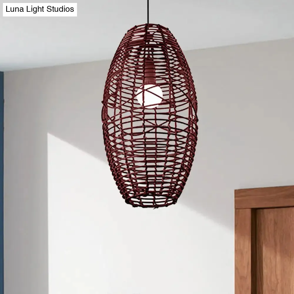 Rustic Beige/Brown Ellipse Rattan Pendant Lamp - Ideal for Restaurant and Cafe Ambience