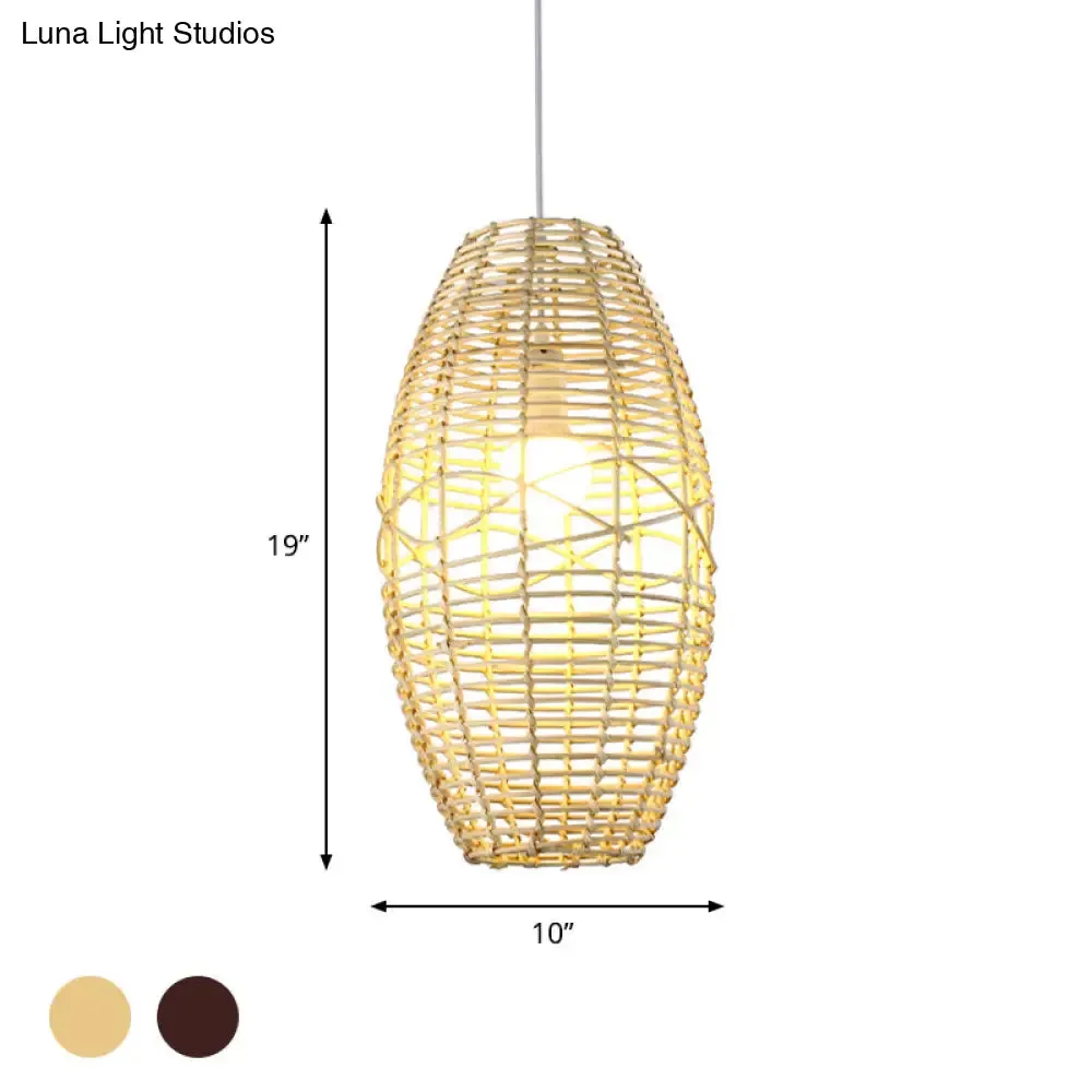 Rustic Beige/Brown Ellipse Rattan Pendant Lamp - Ideal for Restaurant and Cafe Ambience