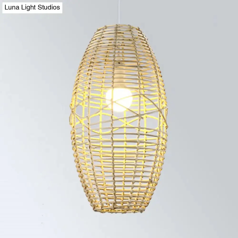 Rustic Beige/Brown Ellipse Rattan Pendant Lamp - Ideal for Restaurant and Cafe Ambience