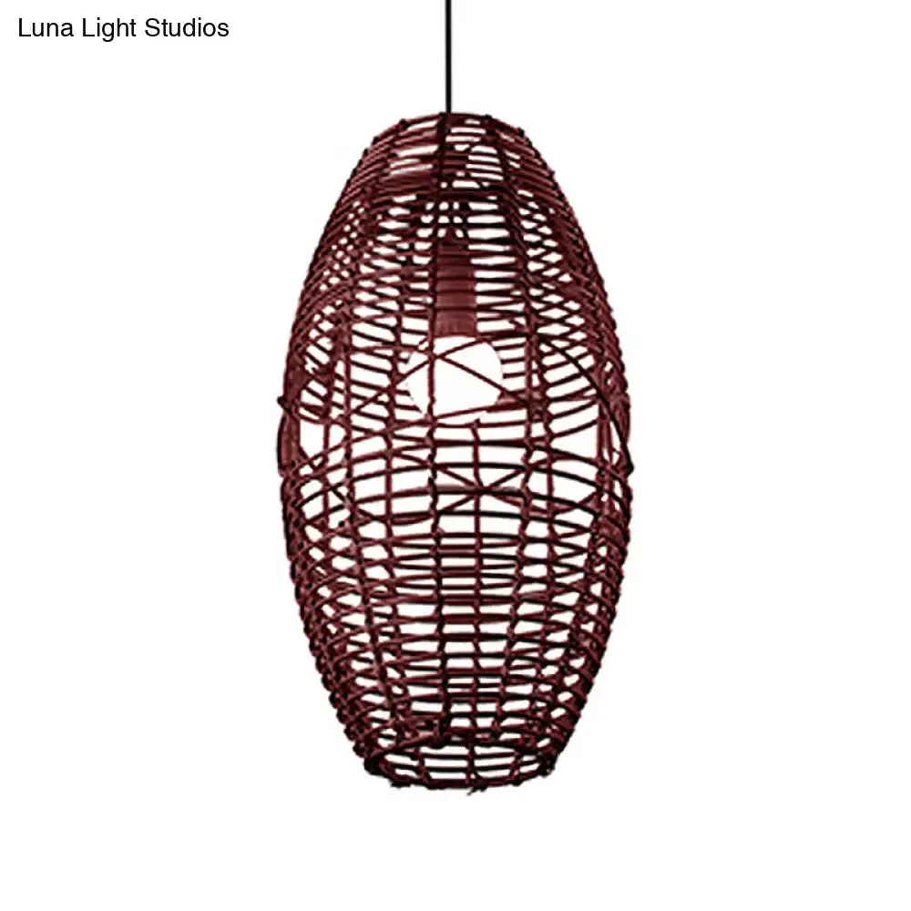 Rustic Beige/Brown Ellipse Rattan Pendant Lamp - Ideal for Restaurant and Cafe Ambience