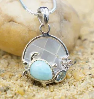 Sea Turtle and Hibiscus Necklace with Larimar Stone, Blue Topaz and Mother of Pearl