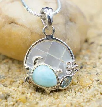 Sea Turtle and Hibiscus Necklace with Larimar Stone, Blue Topaz and Mother of Pearl