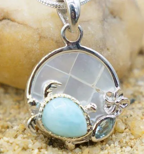 Sea Turtle and Hibiscus Necklace with Larimar Stone, Blue Topaz and Mother of Pearl