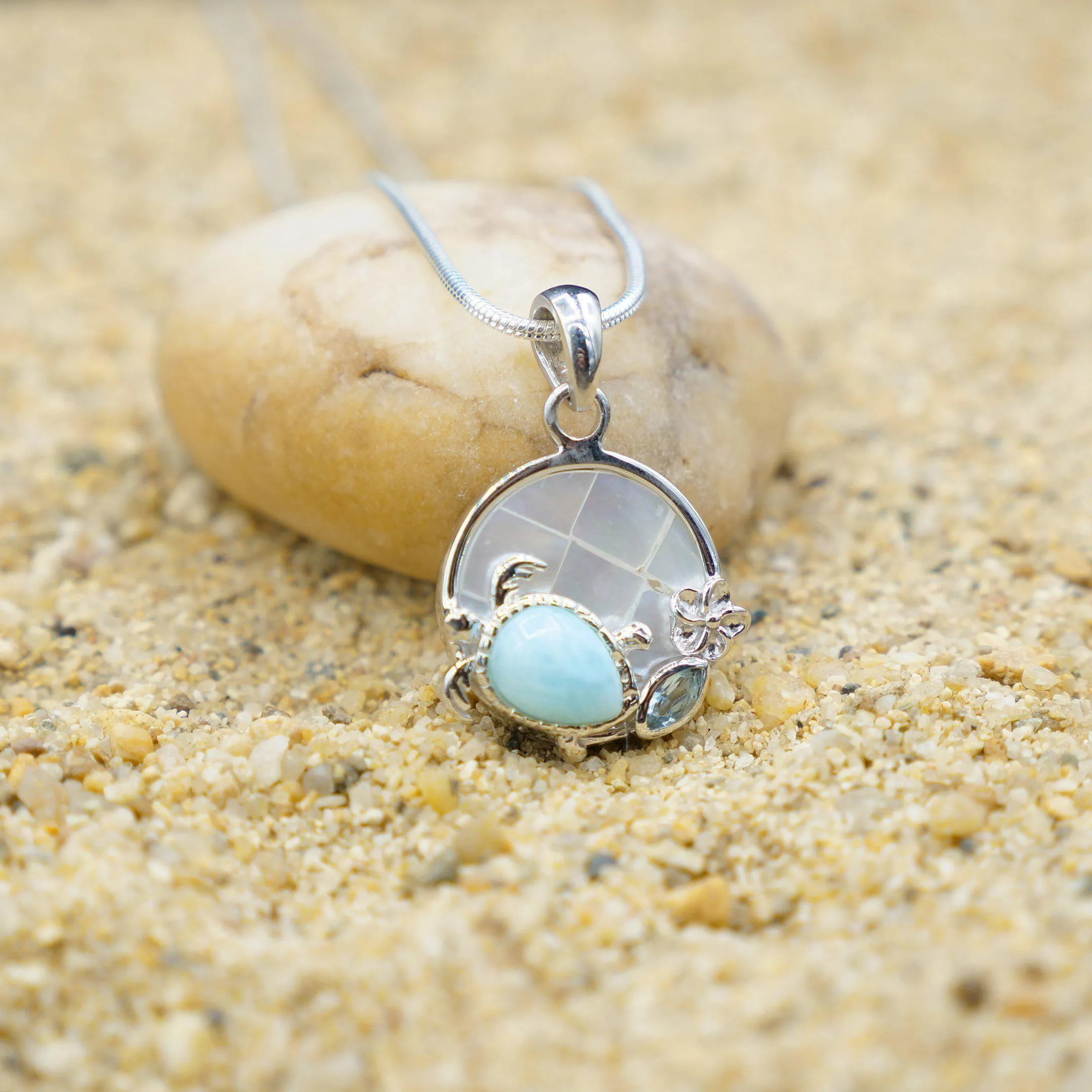 Sea Turtle and Hibiscus Necklace with Larimar Stone, Blue Topaz and Mother of Pearl