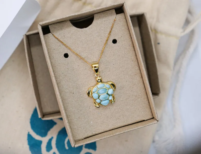 Sea Turtle Pendant Necklace with Caribbean Larimar