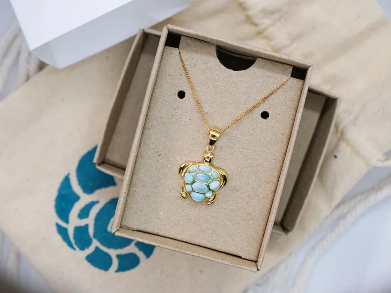 Sea Turtle Pendant Necklace with Caribbean Larimar