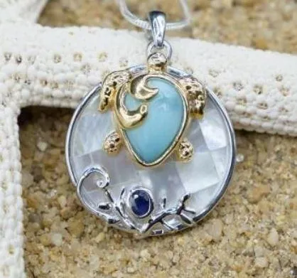 Sea Turtle Pendant Necklace with Larimar, Lapis Lazuli and Mother of Pearl