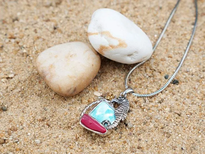 Seahorse Beach Pendant with Natural Red Coral and Larimar - Only One Piece Created