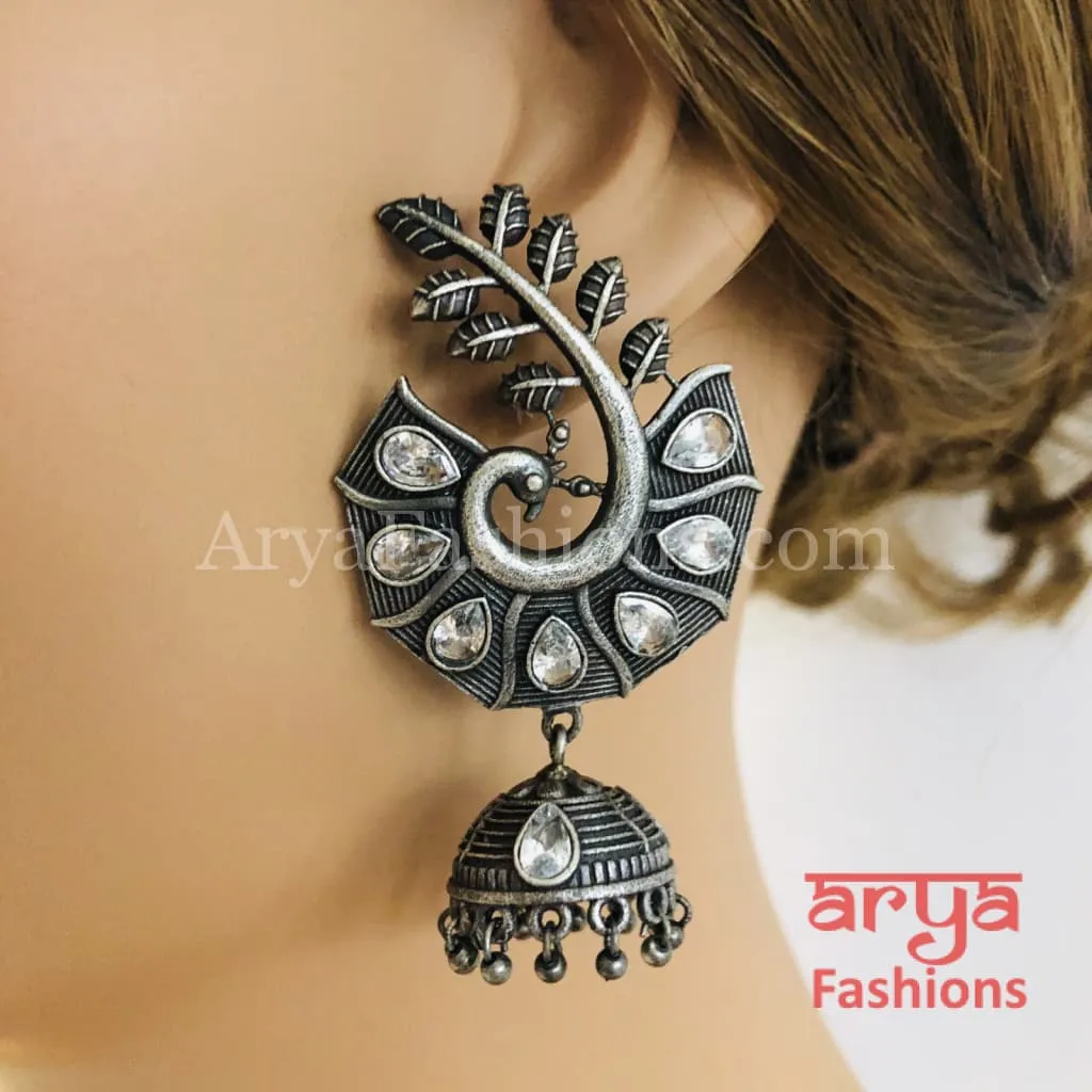 Silver Oxidized Leaf Jhumka, Indian Trendy Earrings