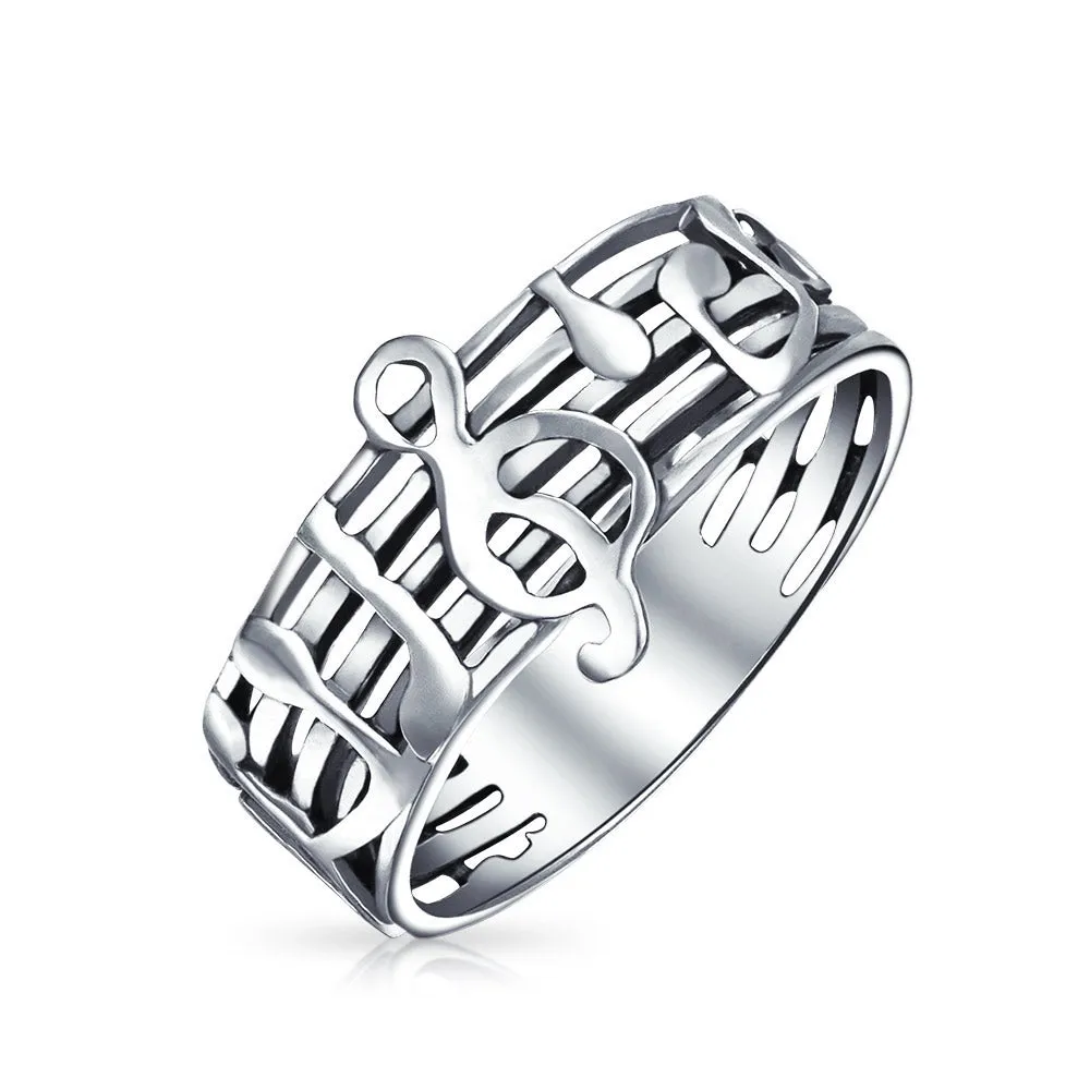 Silver Ring for Musicians: Treble Clef Note Band in Oxidized Sterling Silver