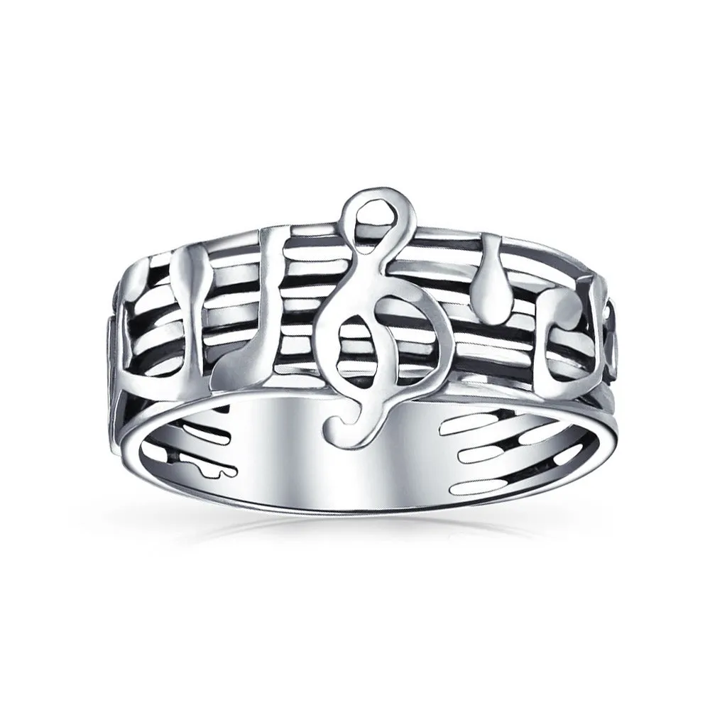 Silver Ring for Musicians: Treble Clef Note Band in Oxidized Sterling Silver