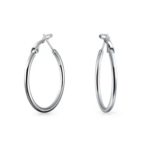 Simple Polished Hoop Huggie Earrings Sterling Silver 1.4 Inch Diameter