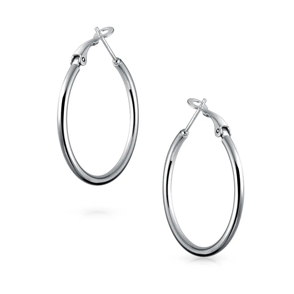 Simple Polished Hoop Huggie Earrings Sterling Silver 1.4 Inch Diameter