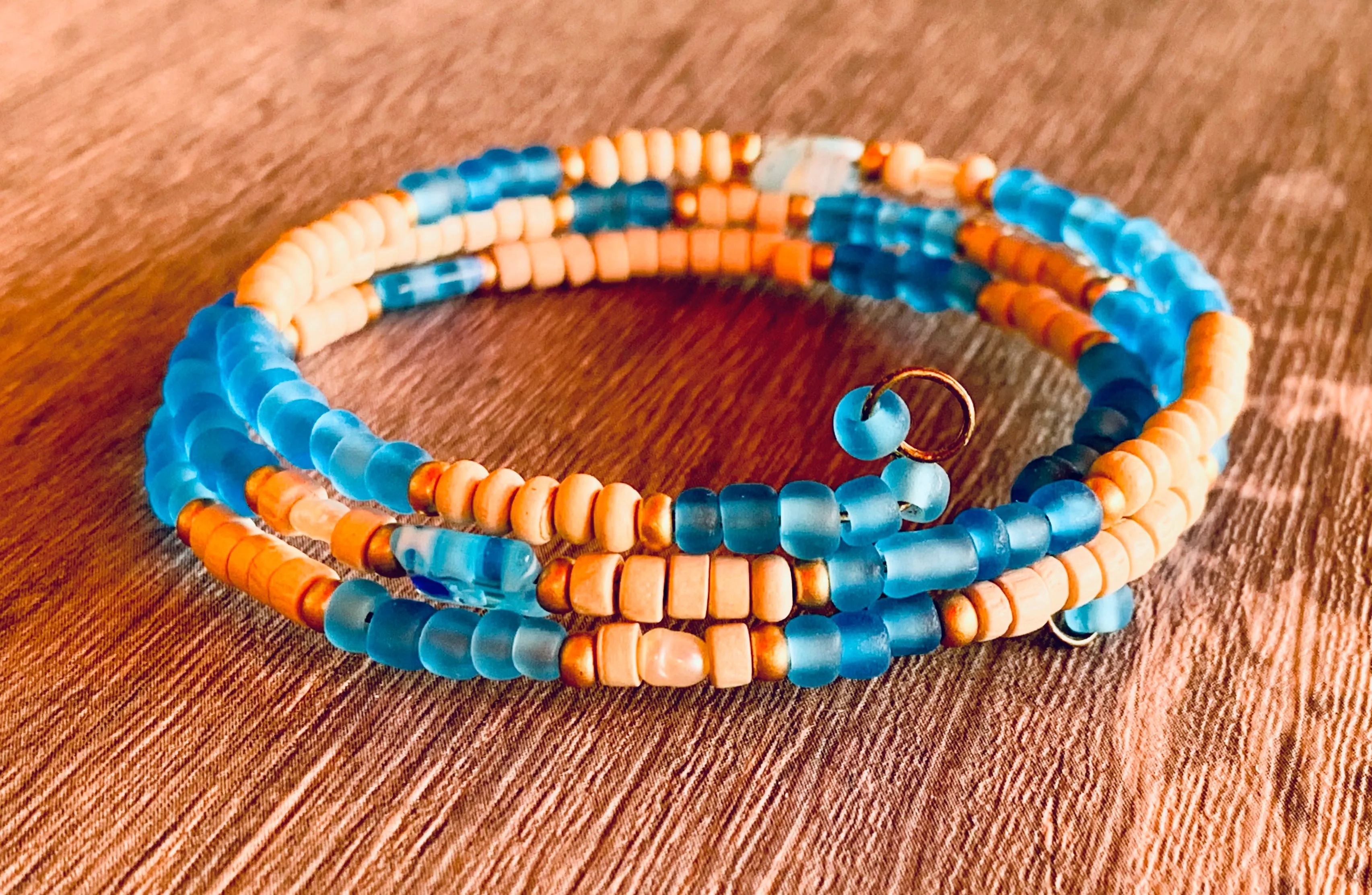 🔴SOLD🔴 Boho Style Mermaid Glass, Millefiori, and Wood Beaded, Memory Wire Bracelet Stack