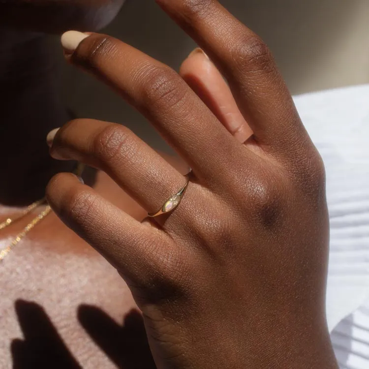 Solid Gold Opal and Diamond Signet Ring