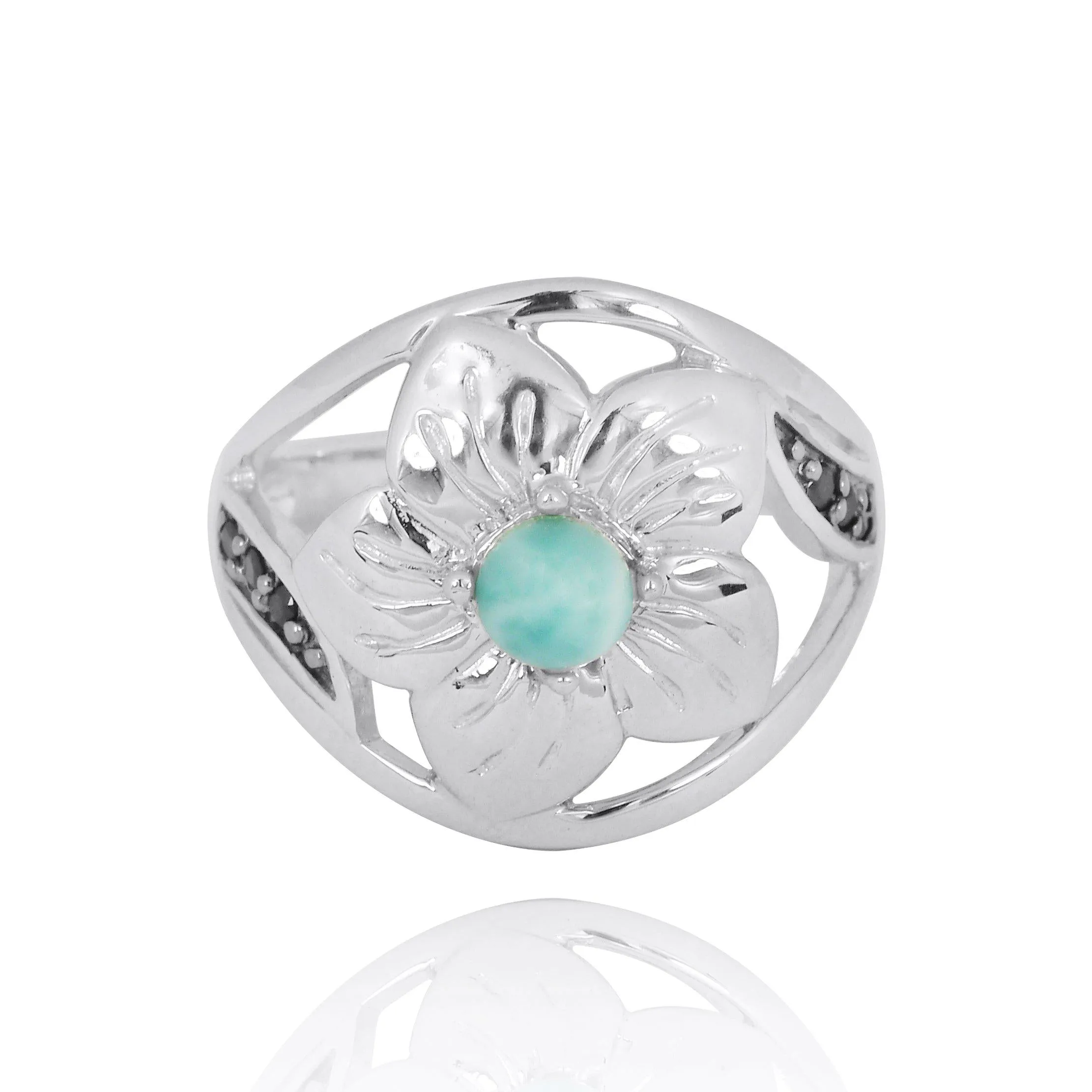 Sterling Silver Hibiscus Ring with Round Larimar and Black Spinel