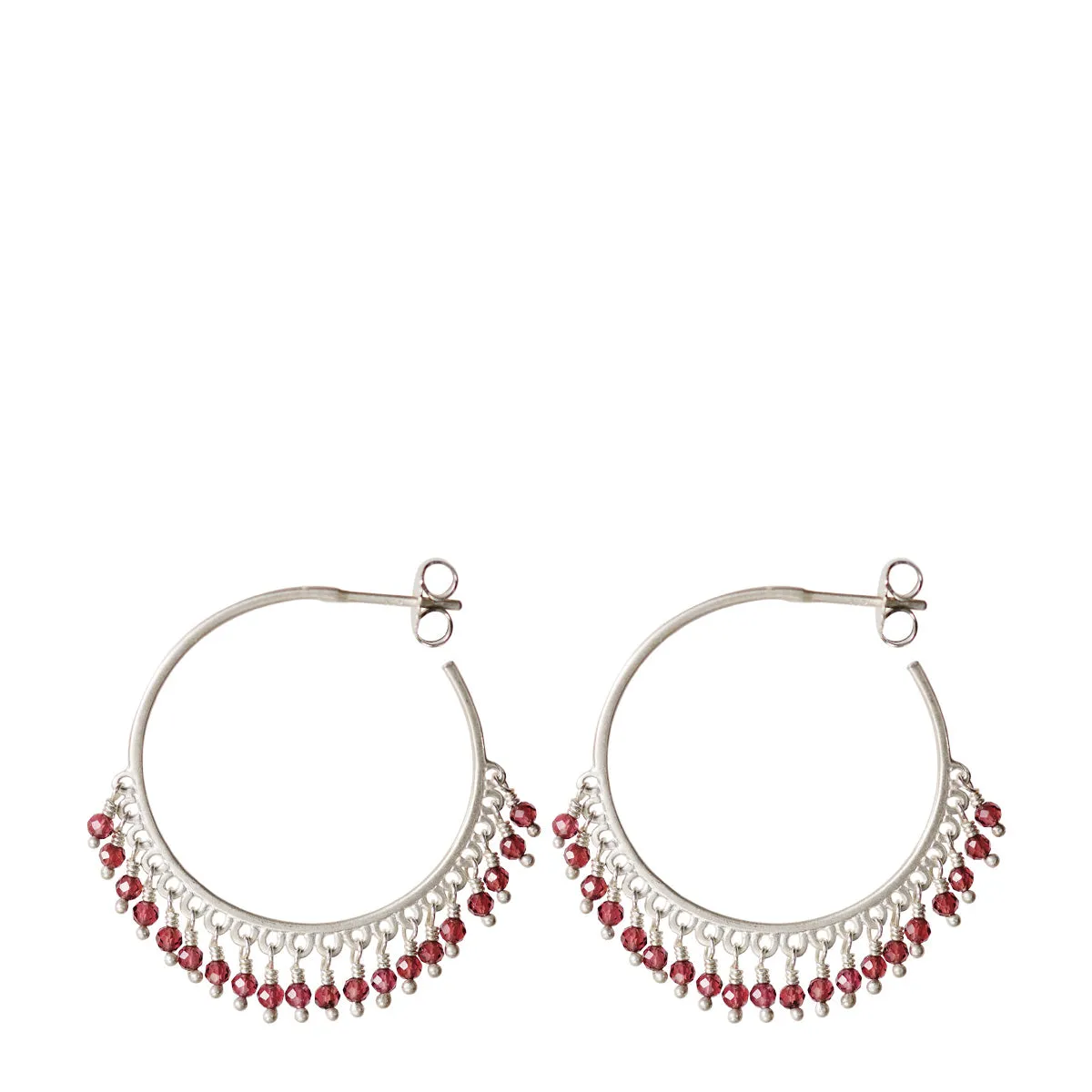 Sterling Silver Medium Fine Garnet Beaded Hoop Earrings